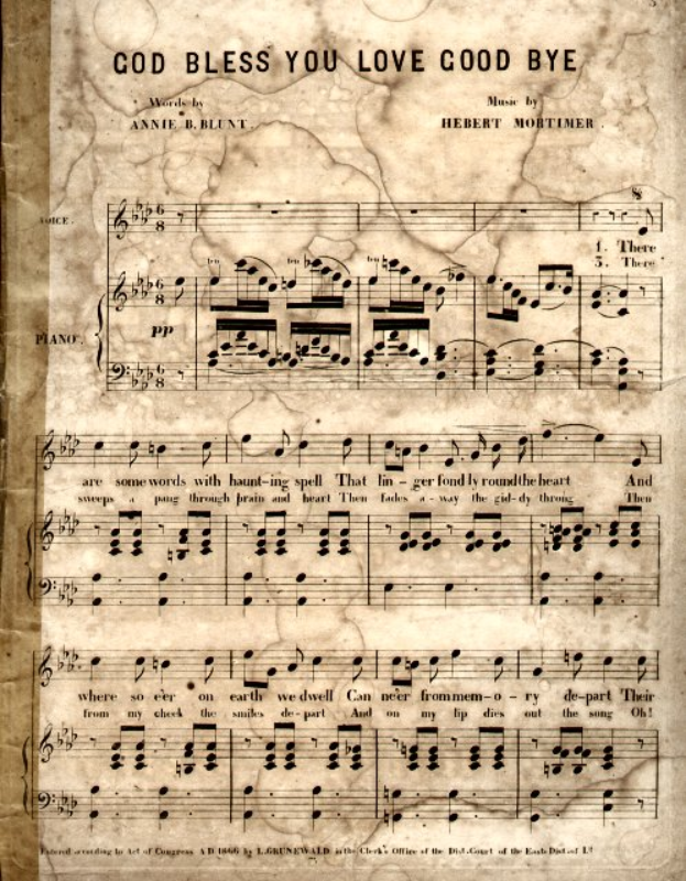 Ein altes Notenblatt mit dem Titel 'God Bless You Love Goodbye' mit musikalischen Noten und Symbolen, die die Melodie und den Rhythmus des Liedes angeben.