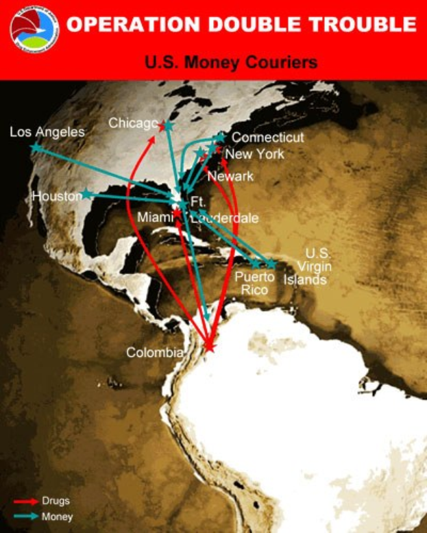 Plakat mit der Überschrift "Operation Double Trouble: US-Geldkurier" mit einer Karte der USA, die in zwei Abschnitte unterteilt ist, einer zeigt die Route der US-Geldkurier und der andere zeigt die Standorte der Geldkurier, mit fetter schwarzer Schrift auf einem weißen Rand.