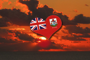 Ein bearbeitetes Bild, das ein Herzsymbol mit Bildern von Flaggen darauf zeigt, vor einem Hintergrund aus Wolken, Sonne und was aussieht wie Wasser unten.