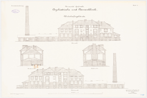 Eine Zeichnung eines mehrfenstrigen Gebäudes mit einem Schornstein, das als psychiatrische Klinik in Deutschland identifiziert wurde, begleitet von beschreibendem Text.