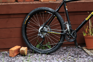 Eine Szene mit Ziegelsteinen, Felsen, Pflanzen, einer Wand und einem Fahrrad.