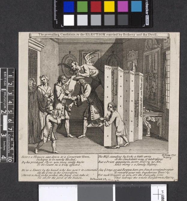 Eine Schwarz-Weiß-Radierung einer Gruppe von Menschen in einem Raum, die sich um ein zentrales Papier mit Text und Farboptionen an der Spitze versammeln, symbolisiert eine korrupte Wahl.