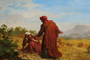 Ein Gemälde mit dem Titel 'Die Farmersfrau' von Jean-Baptiste-Camille Corot aus dem Jahr 1872, das einen Mann und eine Frau in einem Feld umgeben von Pflanzen, Gras, Bäumen, Hügeln und einer bewölkten Himmel zeigt.