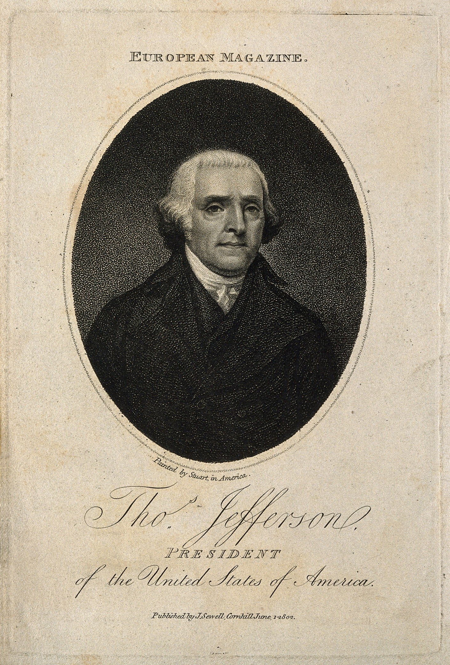 Porträt von Thomas Jefferson, Präsident der Vereinigten Staaten, auf dem Cover des European Magazine, in Schwarzanzug und weißem Hemd mit ernstem Gesichtsausdruck und zurückgekämmten Haaren.