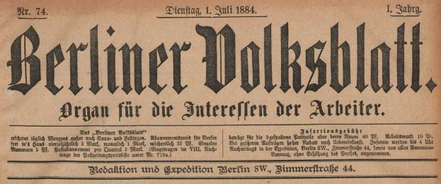 Alte deutsche Zeitung "Berliner Volksblatt" aus dem Jahr 1884, vergilbt und in schwarzer Tinte gedruckt.