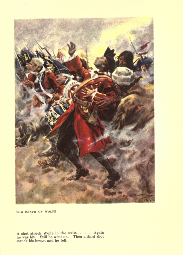 Ein Plakat mit der Aufschrift 'Der Tod des Wolfe', das eine Gruppe besorgter Menschen in gedämpften Farben zeigt, einige schauen ängstlich nach oben und andere traurig nach unten.