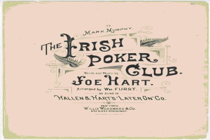 Ein Plakat mit der Aufschrift "The Irish Poker Club" in Schwarz mit einer Shamrock-Illustration und fetter schwarzer Schrift auf einem weißen Hintergrund.