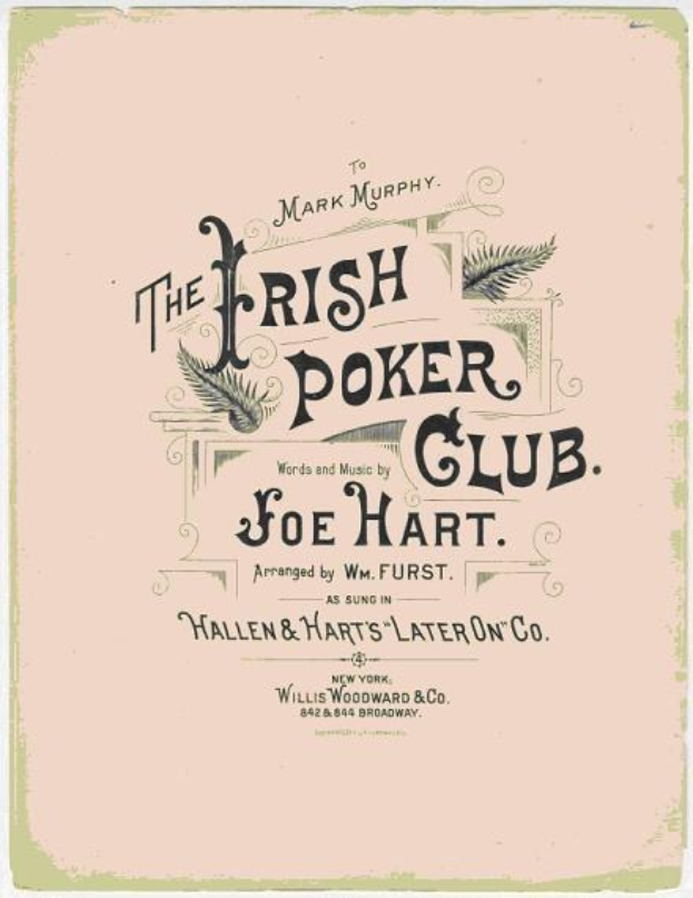 Ein Plakat mit der Aufschrift "The Irish Poker Club" in Schwarz mit einer Shamrock-Illustration und fetter schwarzer Schrift auf einem weißen Hintergrund.