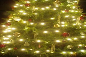 Ein Weihnachtsbaum mit Lichtern, Kugeln und diversen Schmuckelementen.