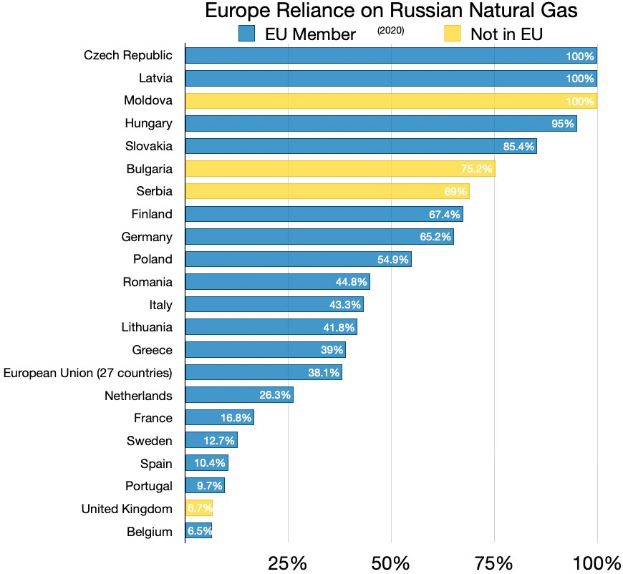 Eine Säulendiagramm, das den prozentualen Anteil von Russlands Erdgasimporten in Europa zeigt, mit Text, der die Investitionsprozentsätze angibt.