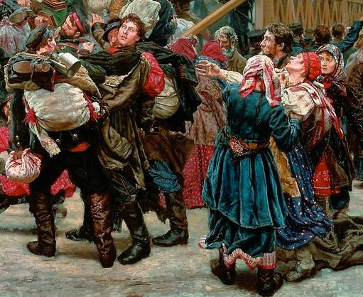 Gemlde, das eine lebhafte Tanzszene whrend der russischen Revolution zeigt, mit Menschen in traditioneller russischer Kleidung, die Gegenstnde halten, vor einem Holzhaus im Hintergrund.
