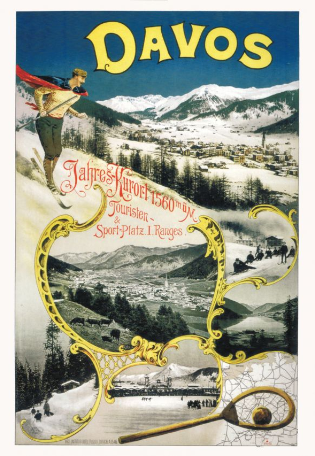 Ein Vintage-Plakat, das das Skigebiet Davos in der Schweiz bewirbt, zeigt einen Skifahrer vorne mit Bäumen, Häusern und Bergen im Hintergrund und Text, der das Resort beschreibt.