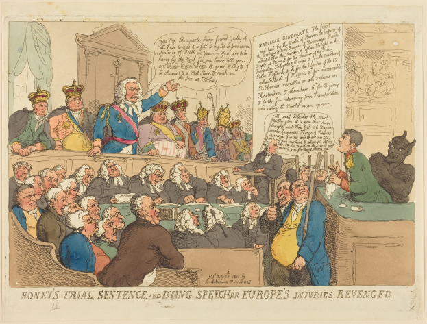 Cartoon-Courtroom-Szene mit einem stehenden Mann in der Mitte, einem Tisch mit Gegenständen rechts und Text unten, der "Boney's Trial, Sentence and Dying Speech Europe's Injuries Revenged" lautet.