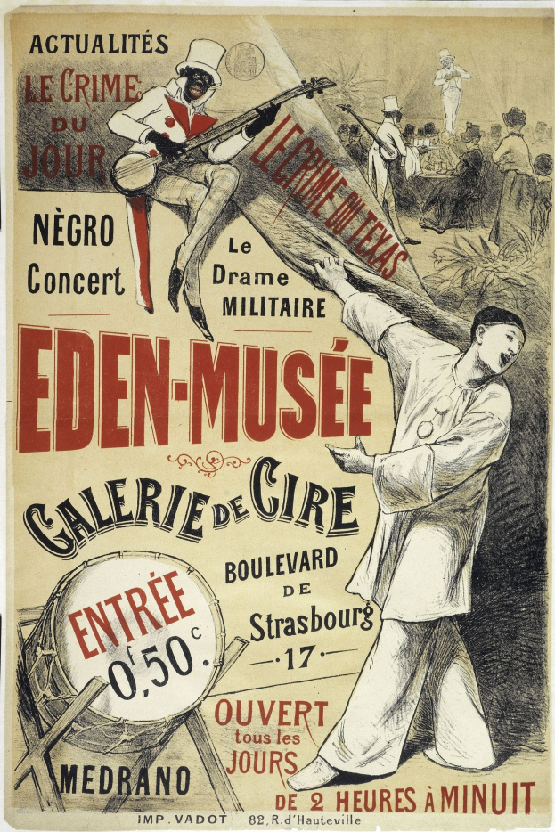 Plakat, das das Eden-Musee Galerie de Cire in Straßburg, Frankreich, ankündigt und eine Person zeigt, die ein Musikinstrument spielt, umgeben von anderen Musikern mit Texten, die eventuelle Details bereitstellen.