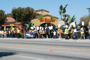 Eine Gruppe von Menschen mit Schildern, die durch die Straßen gehen, mit Bäumen, Büschen, einem Banner, einem Gebäude mit Namensschildern, Autos und aktuellen Umfragen im Hintergrund.
