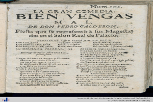 Ein aufgeschlagenes Buch mit einem Schwarz-Wei├č-Bild eines ernst dreinblickenden Mannes in einem weißen Hemd und dunklen Hosen, mit der Aufschrift 'La gran comedia bien vengas' in fetter schwarzer Schrift auf einem tiefblauen Hintergrund.