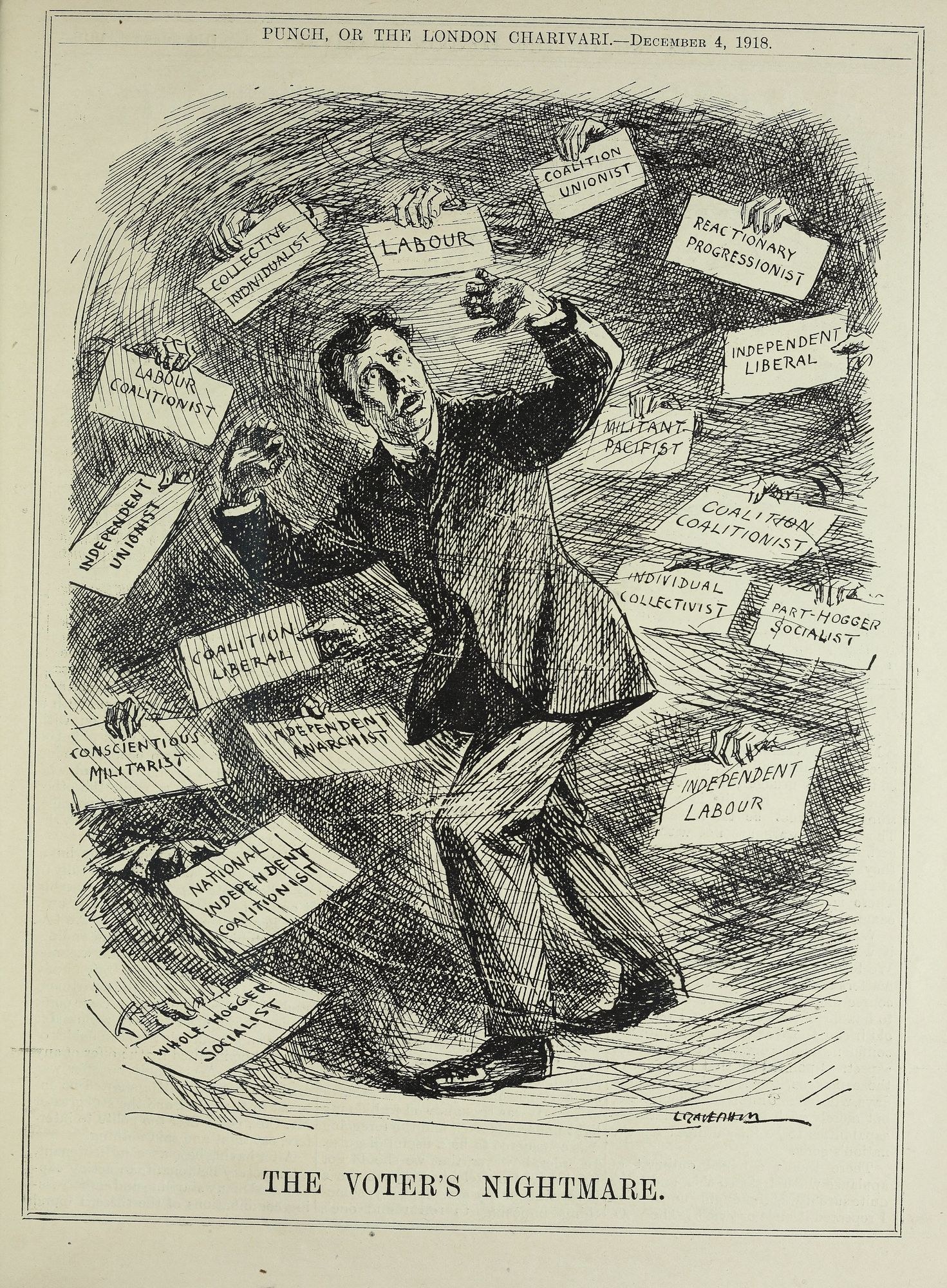 Ein Blatt Papier mit einer Zeichnung eines Mannes in Anzug und Krawatte, der ein Schild hält, auf dem steht "Der Albtraum des Wählers".