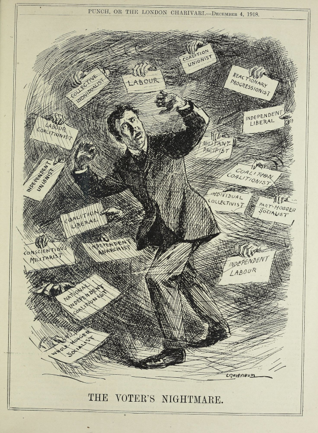 Ein Blatt Papier mit einer Zeichnung eines Mannes in Anzug und Krawatte, der ein Schild hält, auf dem steht "Der Albtraum des Wählers".