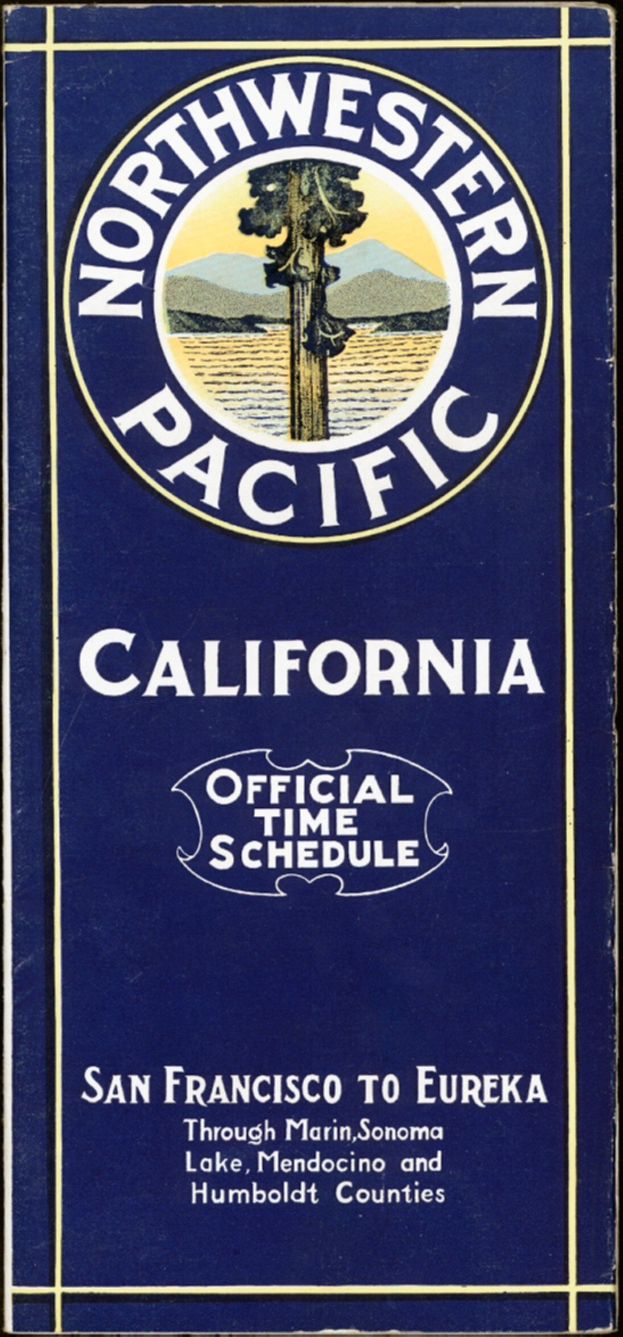Plakat mit schwarzem Hintergrund, das "Northwestern Pacific California Official Time Schedule" in weißer Schrift anzeigt.