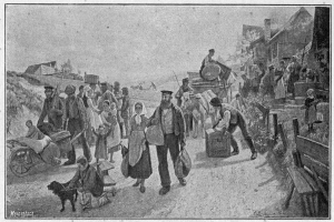 Eine Gruppe von Menschen, einige mit Taschen und einer auf einem Pferdewagen, geht eine Schotterstraße entlang mit einem Hund, Häusern im Hintergrund und Text unten 'Deutsche Flüchtlinge in Deutschland'.