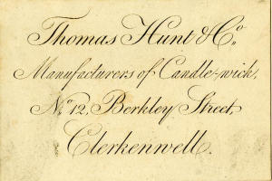 Alte Visitenkarte für Thomas Hunt Co., Hersteller von Kerzen Dochten, gelegen an No. 12 Berkeley Street, Clerkenwell.