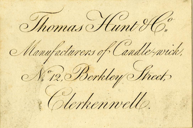 Alte Visitenkarte für Thomas Hunt Co., Hersteller von Kerzen Dochten, gelegen an No. 12 Berkeley Street, Clerkenwell.