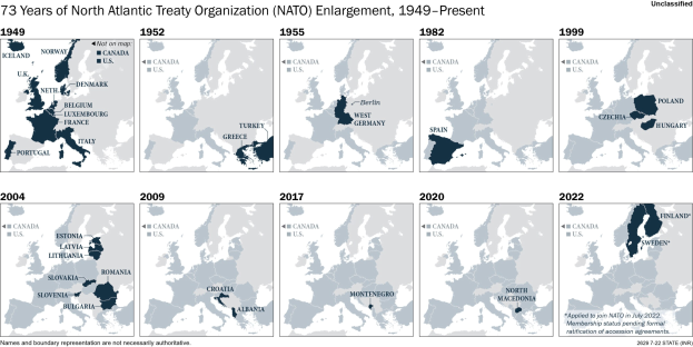 Karte der NATO-Erweiterung von 1949 bis heute, zeigt Erweiterung in verschiedenen Regionen nach Jahr.