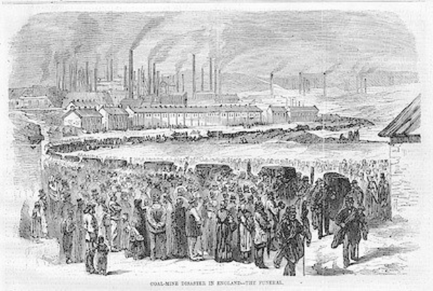 Schwarze und weiße Zeichnung von Menschen vor einer Fabrik mit Häusern und Rauch aus Schornsteinen, betitelt "Kohlebergbau-Katastrophe in England das Ende" unten.