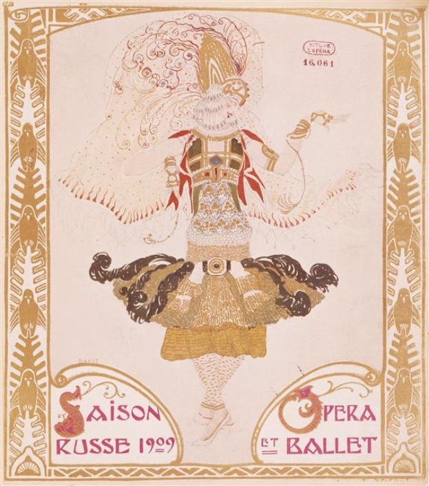 Plakat für eine Pariser Ballettvorstellung von 1909 mit dem Titel "Saison Russe", das eine gemalte Figur in einer anmutigen Pose mit der Schrift "Opera et Ballet" darüber zeigt.