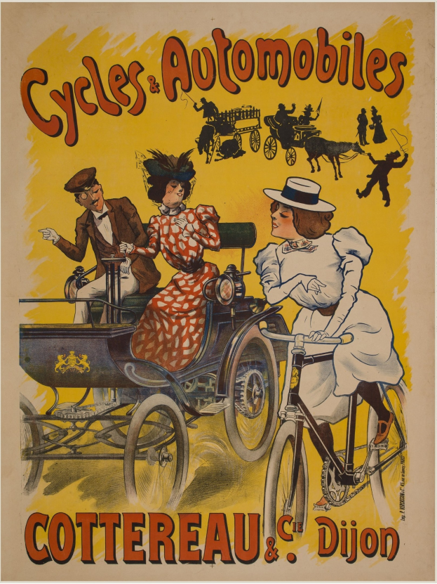 Plakatwerbung für Fahrräder und Automobile in Cottereau und Dijon, Frankreich, das Menschen auf Fahrrädern und eine Kutsche zeigt, mit der Aufschrift "Fahrräder und Automobile" oben.