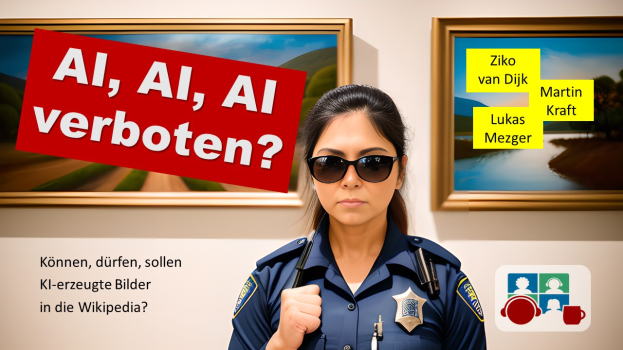 Eine Frau in Polizeiuniform und Sonnenbrille steht vor einer Wand mit zwei Fotorahmen, während editierter Text links erscheint, der "AI, AI, AI Verboten?" liest.