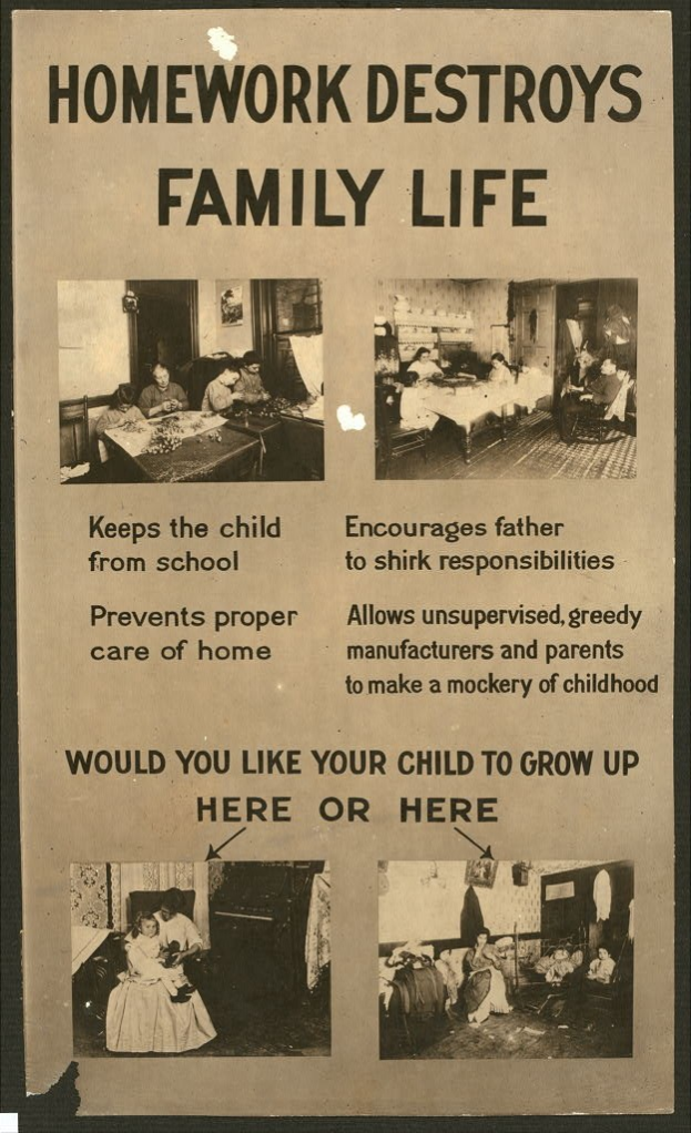 Plakat mit dem Text "Hausaufgaben zerstören das Familienleben" mit einer entschlossenen Gruppe von Menschen, die den Betrachter anschauen.