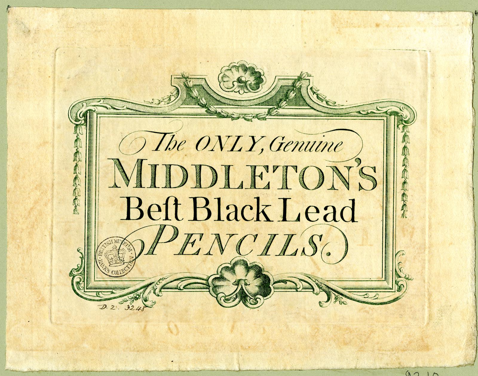 Ein Blatt Papier mit der Aufschrift "Middletons Belt Black Lead Pencils"