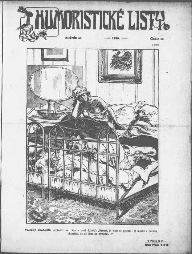 Schwarze und weiße Illustration einer Person, die auf einem Bett liegt, mit einem Spiegel auf dem Nachttisch und einem Rahmen an der Wand, begleitet von Text, der "humoristische liste - tschechische republik - 20. april 1920" oben und unten zeigt.