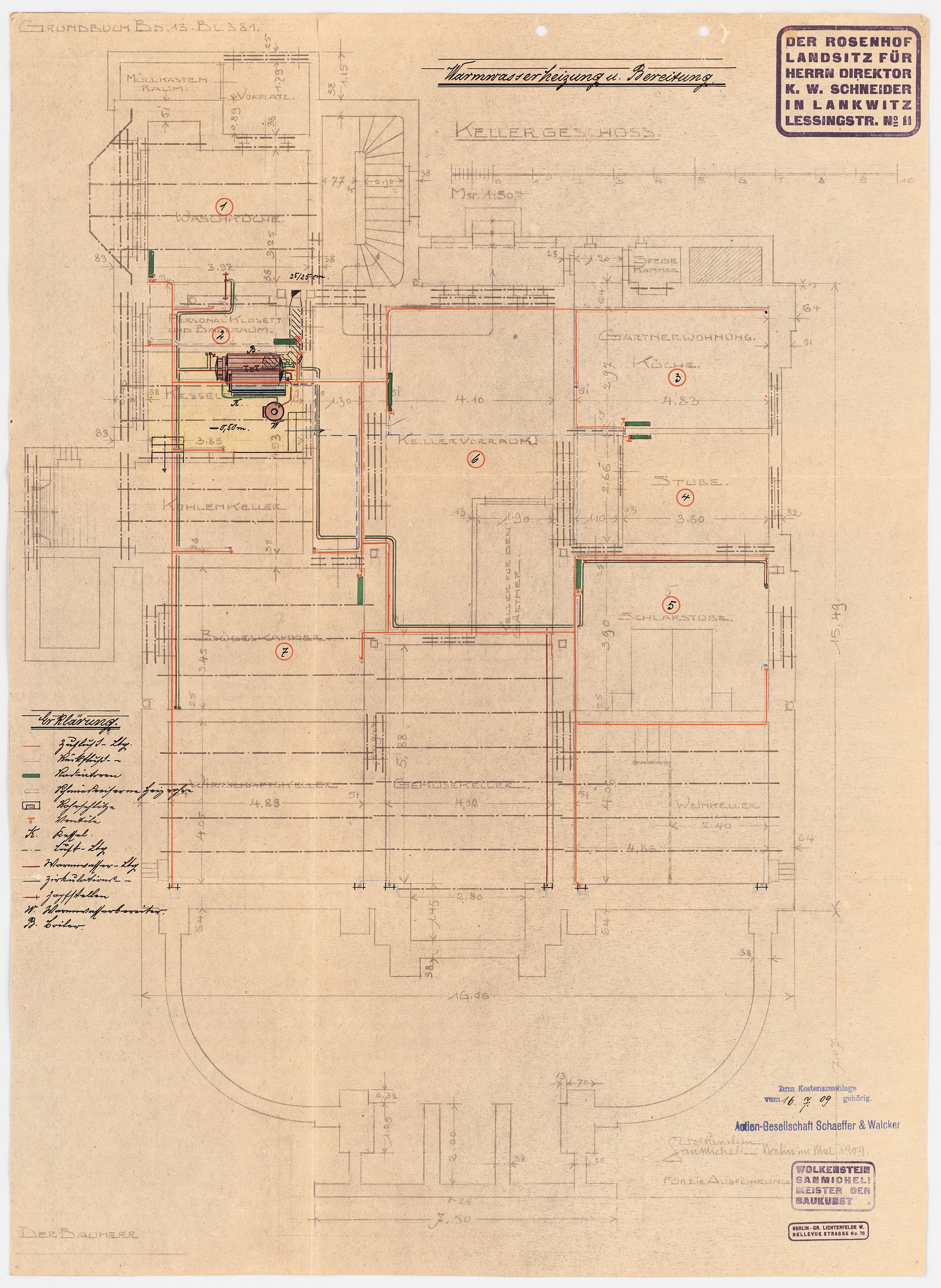 Ein detaillierter Architekturplan des Rosenhof-Krankenhauses in Hamburg, Deutschland, der ein Gebäude mit zahlreichen Kabeln und Texten zeigt, die den Aufbau beschreiben, einschließlich Räumen, Fluren und anderen Merkmalen.