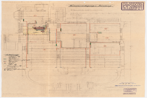 Ein detaillierter Architekturplan des Rosenhof-Krankenhauses in Hamburg, Deutschland, der ein Gebäude mit zahlreichen Kabeln und Texten zeigt, die den Aufbau beschreiben, einschließlich Räumen, Fluren und anderen Merkmalen.