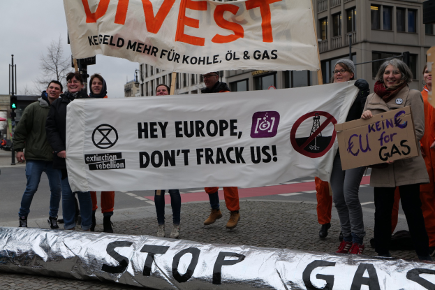 Gruppe von Demonstranten mit einem "Stoppt Gas"-Schild auf einer Straße mit Gebäuden, Bäumen, Verkehrsschildern und einem klaren blauen Himmel im Hintergrund