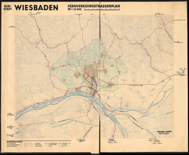 Alte Karte von Wiesbaden, Deutschland, gerahmt und ausgestellt, zeigt detaillierte Straßen, Gebäude und Sehenswürdigkeiten mit Textanmerkungen.
