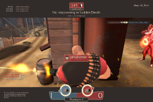 Eine animierte Szene, die Menschen auf einem Boden zeigt, die Waffen abfeuern, mit Zäunen und Fässern im Hintergrund.