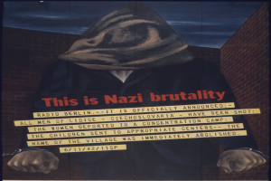 Ein Plakat an einer Wand mit einer Person in einer schwarzen Kapuzenjacke und Maske mit ernstem Gesichtsausdruck und der Aufschrift "Das ist Nazi-Gewalt" in fetter weißer Schrift.