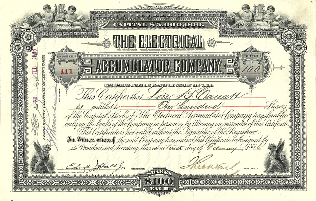 Ein Aktienzertifikat der Elektrischen Akkumulatorengesellschaft mit detaillierten Designs und dem Text "The Electrical Accumulator Company".