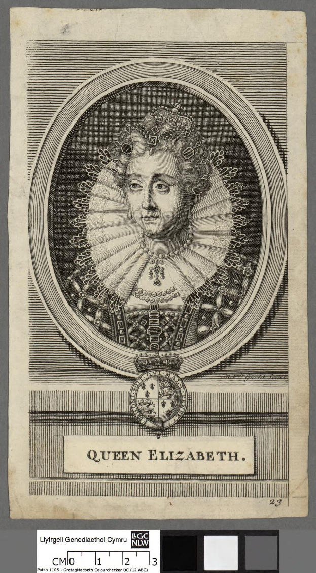 Porträt der Queen Elizabeth I. von England in königlicher Kleidung mit Krone und Tiara, grauer Hintergrund, feine Züge und würdevoller Ausdruck.