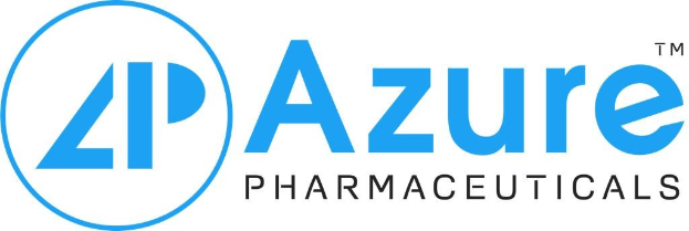 Logo von Azure Pharmaceuticals: mutiger schwarzer Unternehmensname in einem weißen, blau umrandeten Kreis auf einem weißen Hintergrund.
