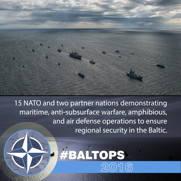Schiffsverband auf Wasser mit bewölktem Himmel, mit Text und Logo über NATO-Marineoperationen in der Ostsee.