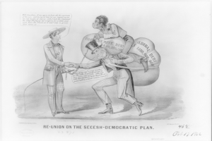 Ein Schwarz-Weiß-Karikatur auf einem Blatt Papier, das zwei Männer beim Händeschütteln zeigt, wobei einer einen Rucksack trägt, mit der Aufschrift "Wiedervereinigung auf dem secesh-demokratischen Plan".