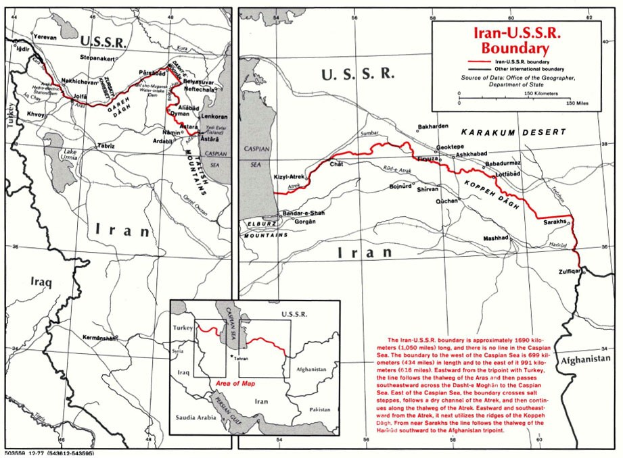 Detailierte Plakatkarte der iranisch-sowjetischen Grenze, die geographische Merkmale und Landesgrenzen zeigt, mit erklärendem Text.