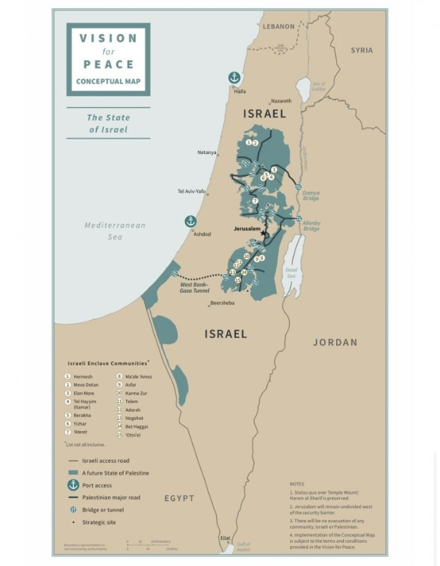 Ein Plakat mit der Aufschrift "Vision für Friedenskonzept-Karte" mit einer farbcodierten Karte von Israel und fetter schwarzer Schrift.