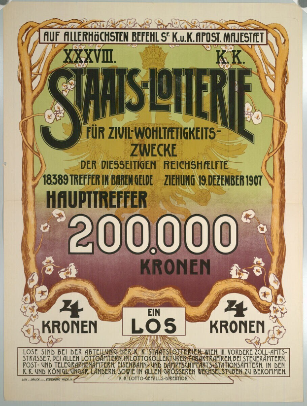 Ein Plakat an einer Gebäudewand, das eine Lotterie bewirbt, mit Text, Zahlen und einem Bild von Geld.