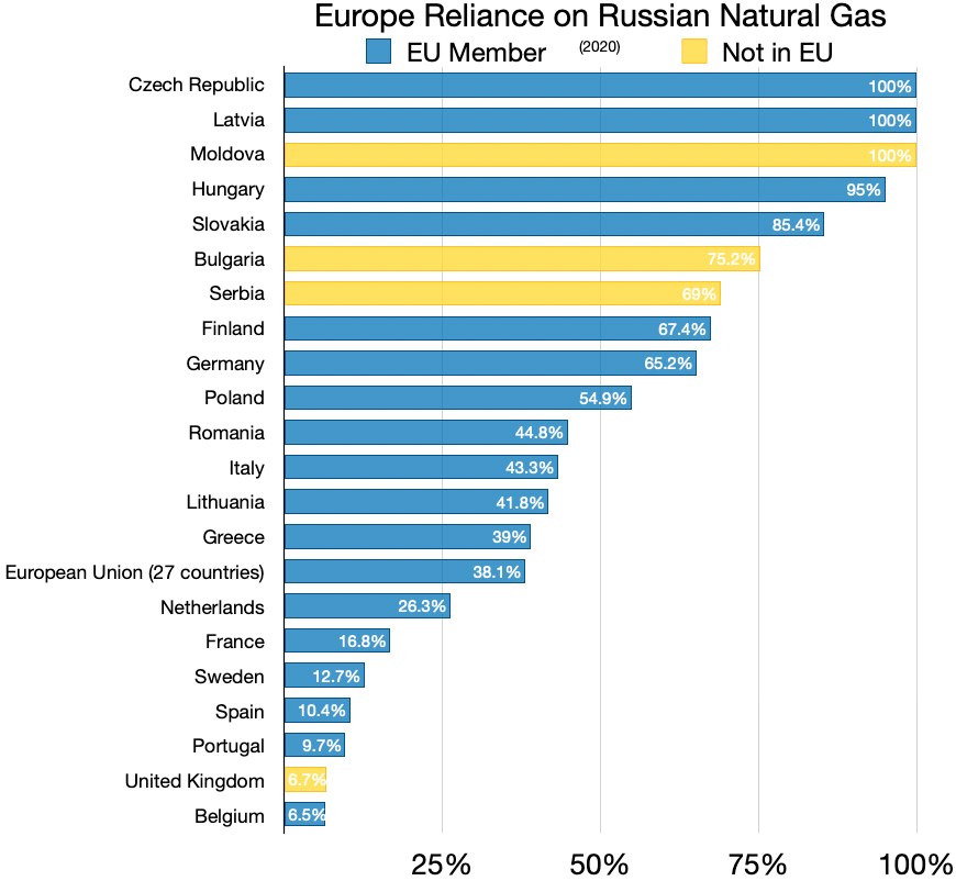 Eine Balkendiagramm, das den prozentualen Anteil von Russlands Erdgasimporten in Europa zeigt, mit Text, der die Investitionsprozente angibt.
