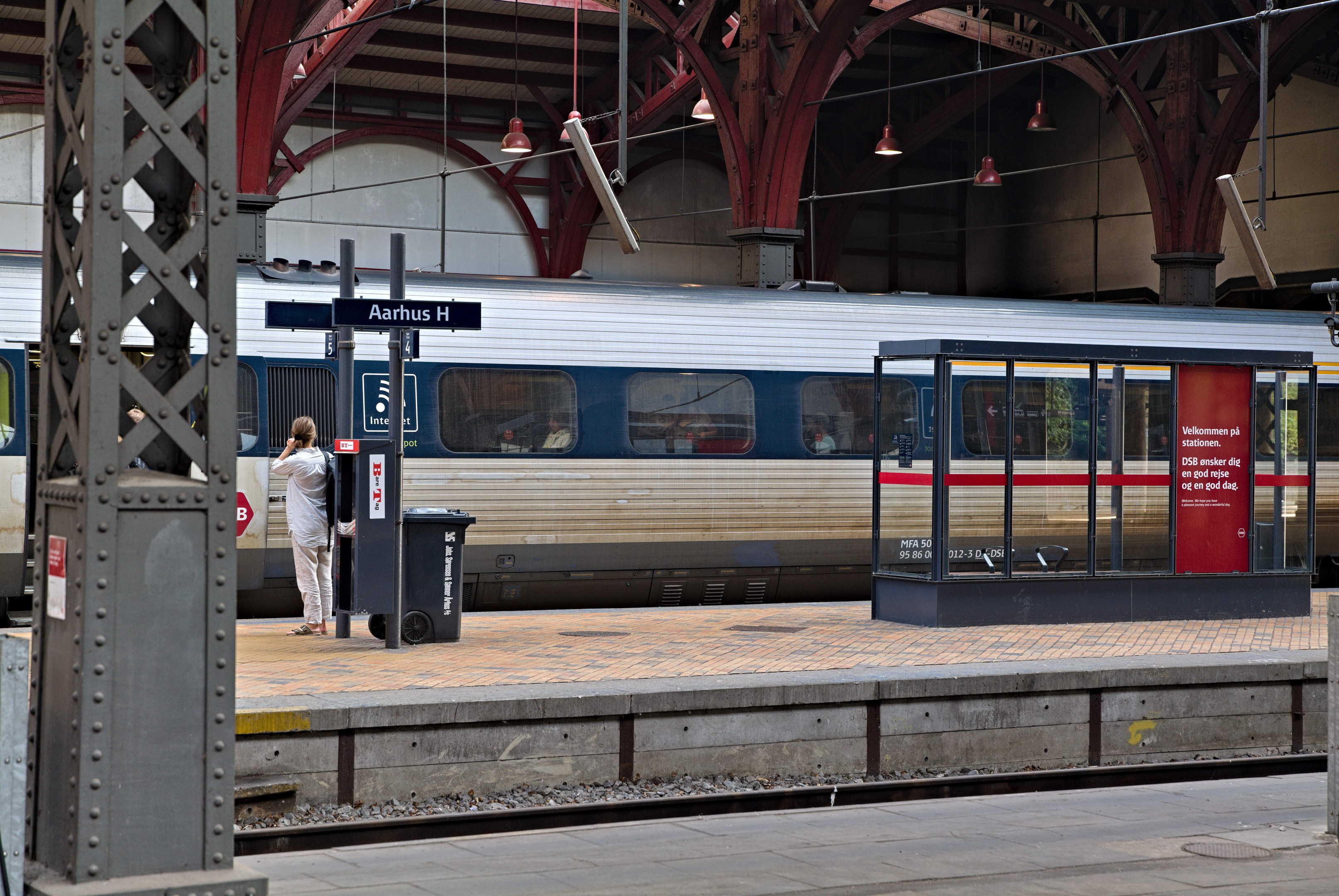 Ein Zug fährt auf einem Bahnsteig ein mit einer Person in der Nähe, einem Müllcontainer, Pfosten, Informationsschildern und Deckenleuchten.